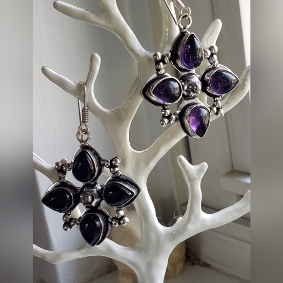 Earrings,  new, huge amethysts set in 925  silver,  handmade by Indian artisan. - Picture 4 of 4